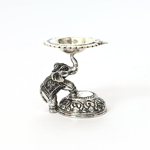 Handcrafted German Silver Elephant Diya - Traditional Indian Oil Lamp for Pooja & Home Decor